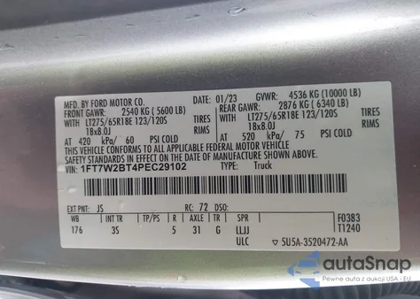 2023 Ford F-250 Xlt z USA, uszkodzony, nr VIN 1FT7W2BT4PEC29102